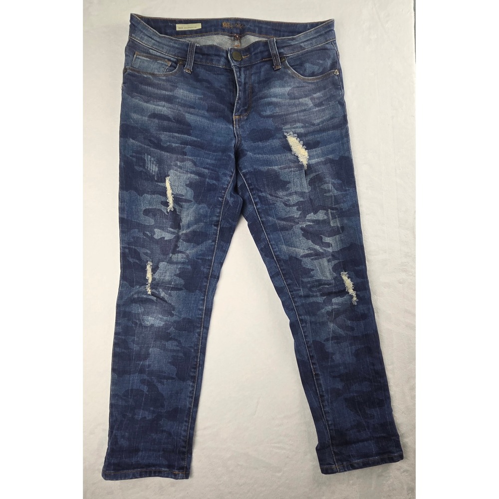 Kut from the Kloth Jeans Women 6 Blue Distresed Camo Reese Ankle Straight leg